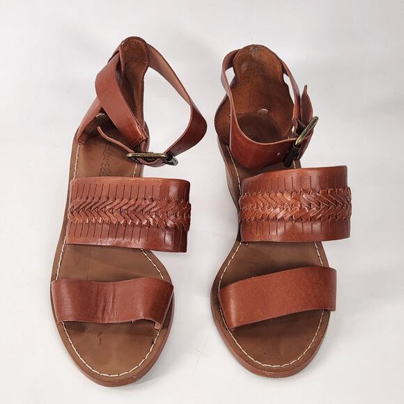 Madewell The Warren Leather Sandal Womens 7 Brown Block Heels Strappy Woven Boho - Picture 2 of 7